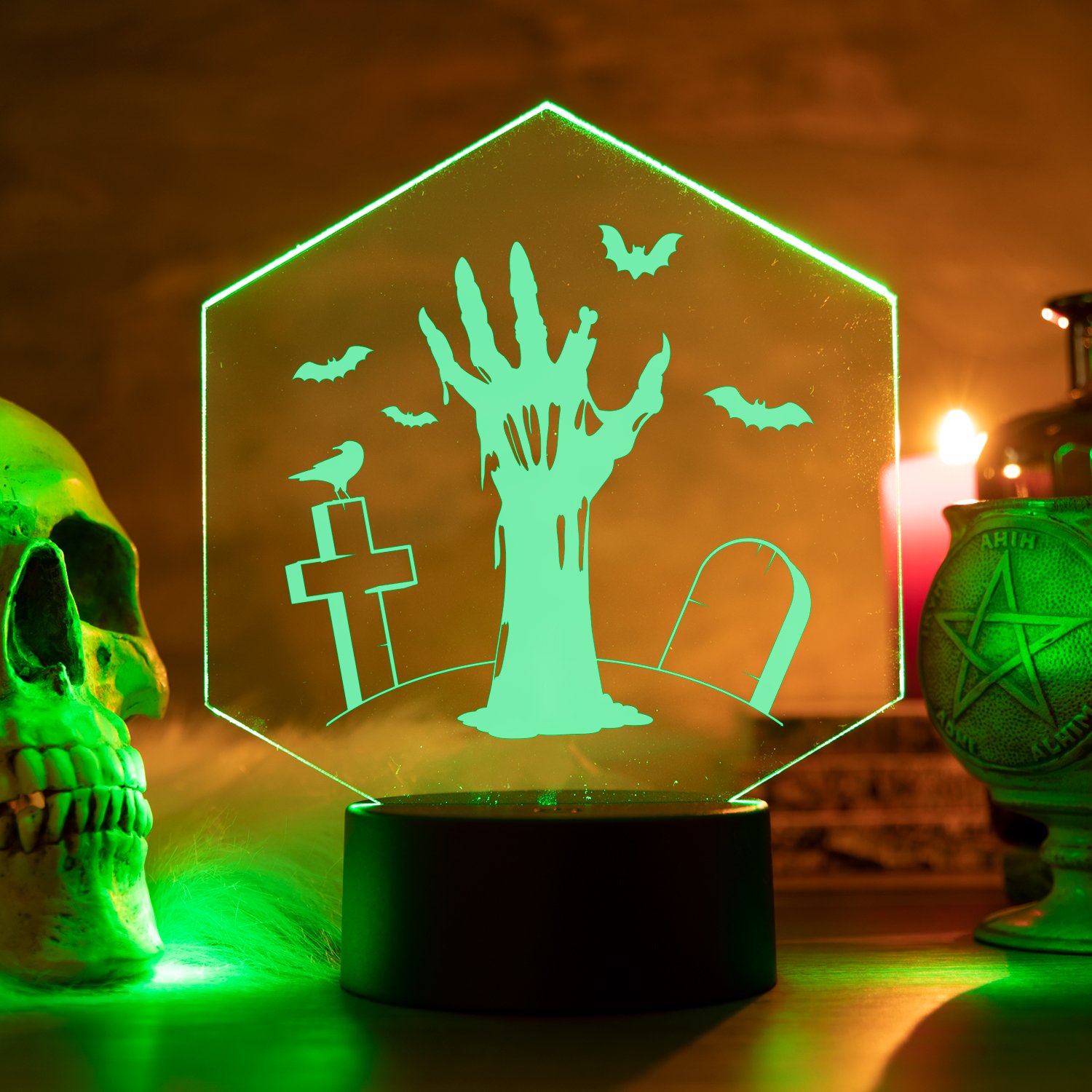 LED-Leuchte-Halloween-Hexagon-Zombiehand-Gru-en-Mood LED-Leuchte - Happy Halloween