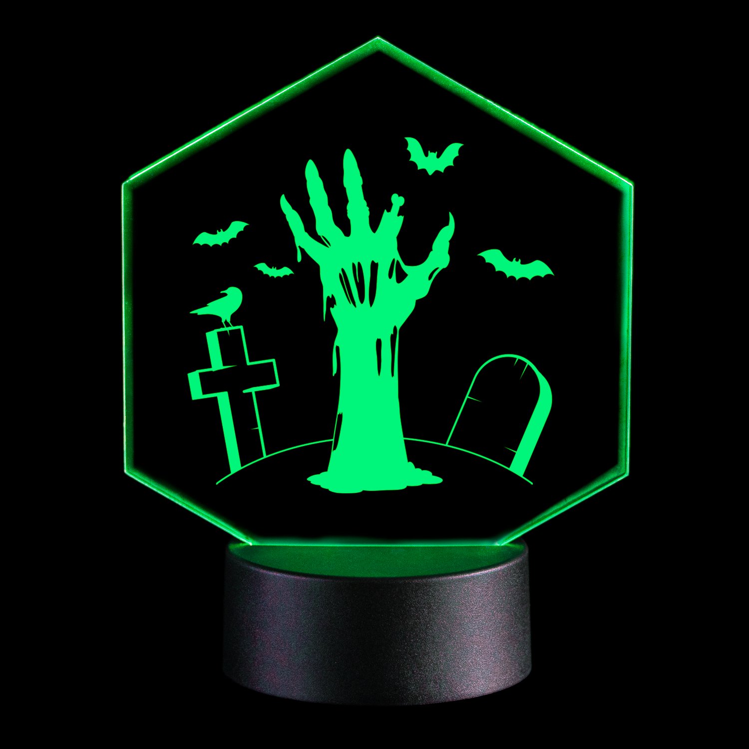 LED-Leuchte-Halloween-Hexagon-Zombiehand-Gru-en-Freisteller-vor-Schwarz LED-Leuchte - Happy Halloween