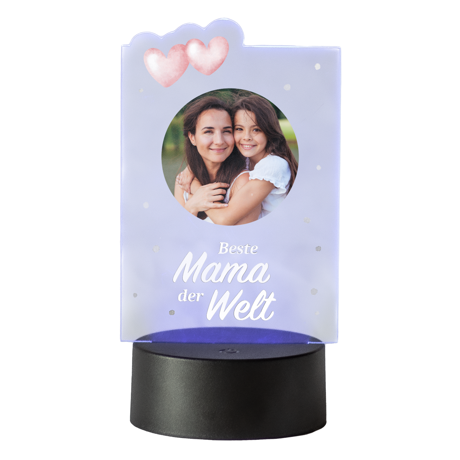 LED-Plexiglas-mit-Herzen-Beste-Mama-der-Welt-Freisteller-Sockel-dunkel LED-Leuchte - Beste Mama mit Wunschfoto