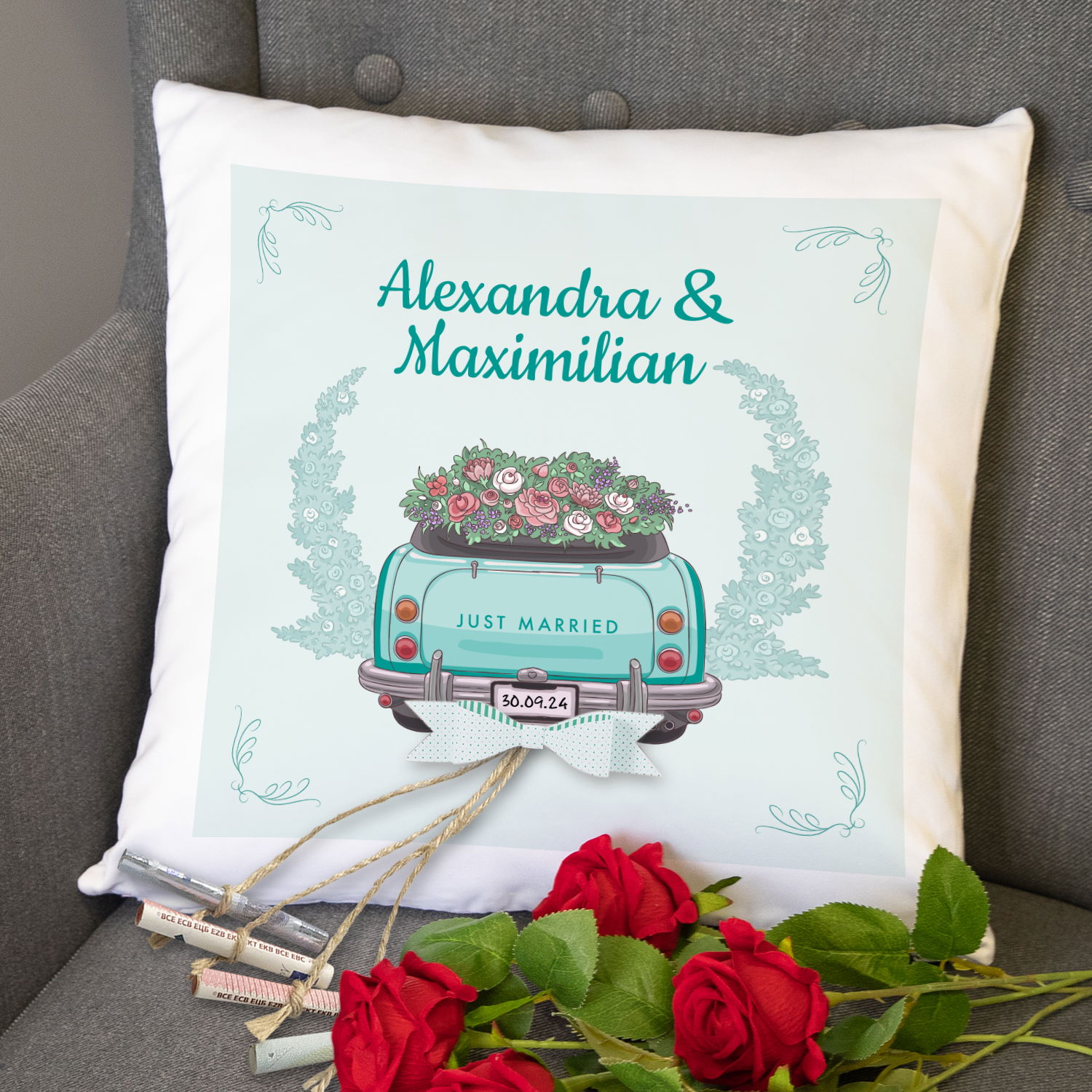 Personalisiertes Kissen Hochzeitsauto für Geldscheine