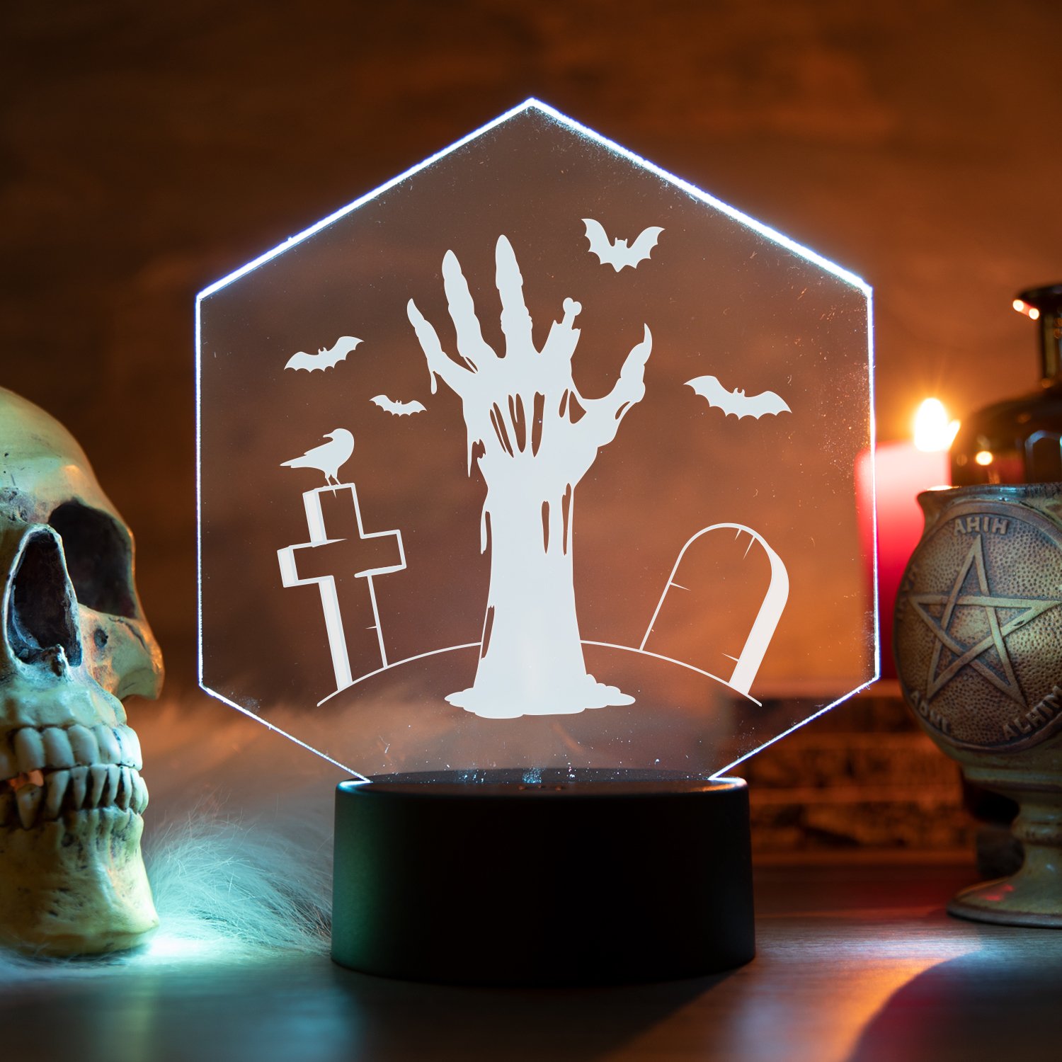 LED-Leuchte-Halloween-Hexagon-Zombiehand-Weiss-Mood LED-Leuchte - Happy Halloween