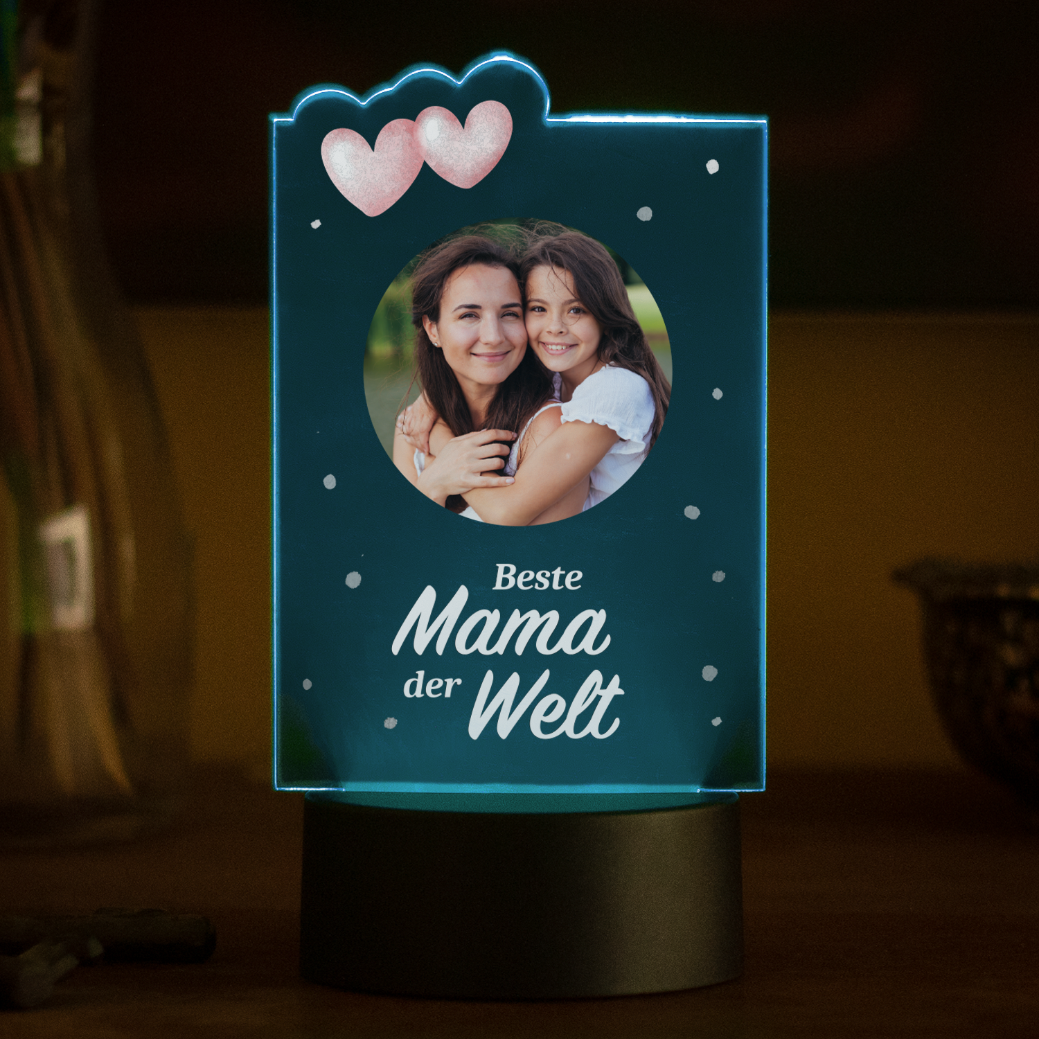 LED-Plexiglas-mit-Herzen-Beste-Mama-der-Welt-Moodbild-Sockel-dunkel-blau LED-Leuchte - Beste Mama mit Wunschfoto