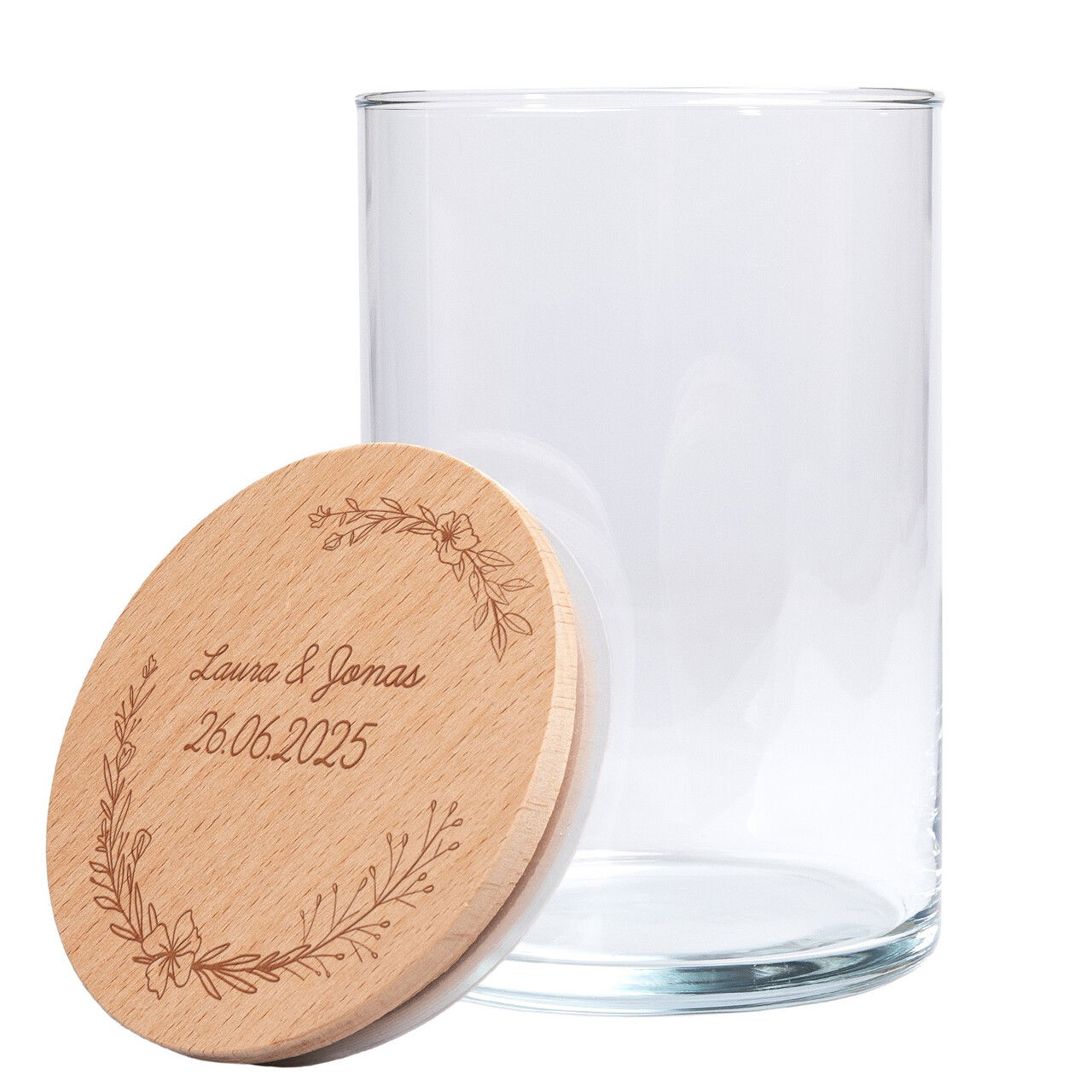 Personalisiertes Vorratsglas mit Holzdeckel zur Hochzeit Personalisiertes Vorratsglas mit Holzdeckel zur Hochzeit