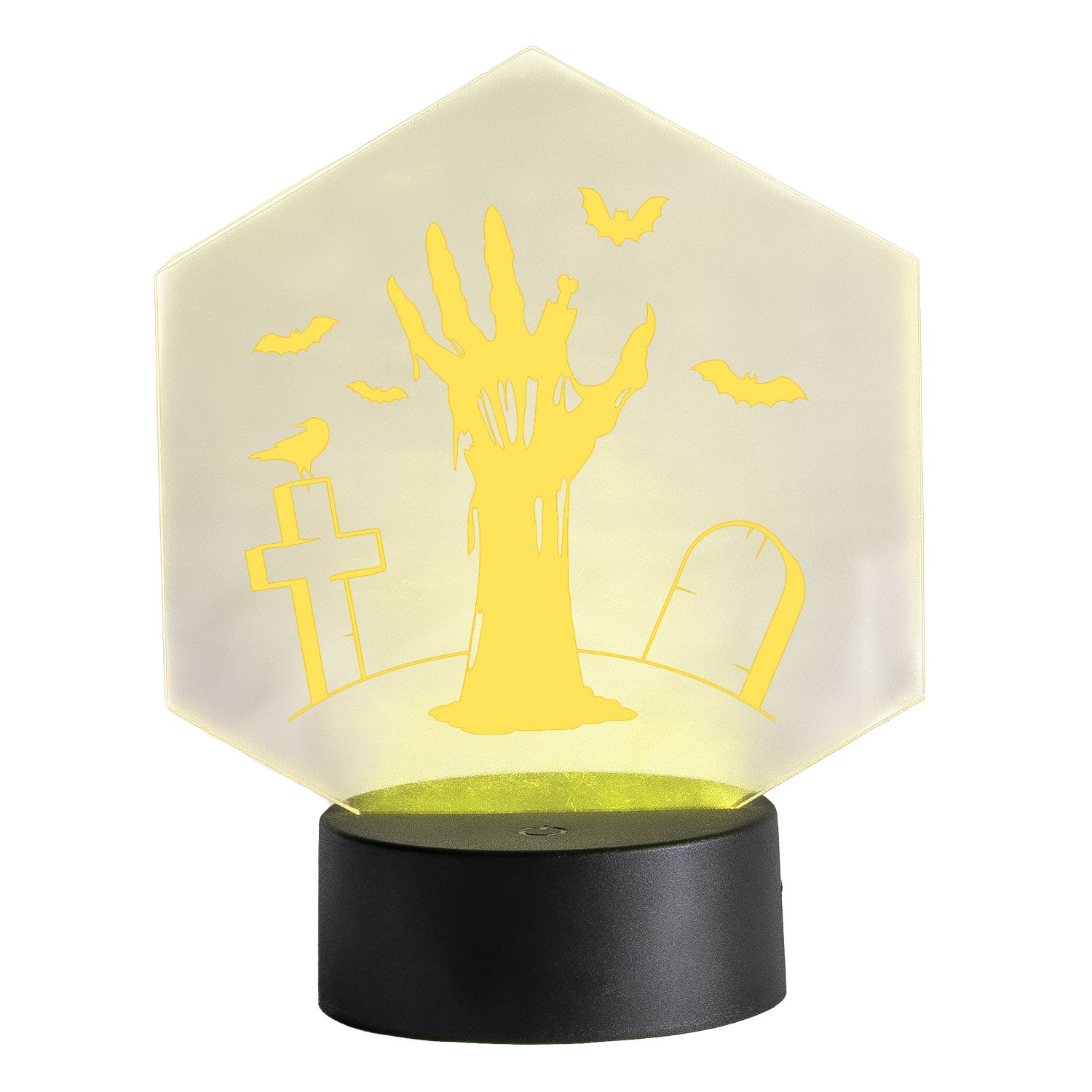 LED-Leuchte-Halloween-Hexagon-Zombiehand-Gelb-Freisteller-vor-Weiss LED-Leuchte - Happy Halloween