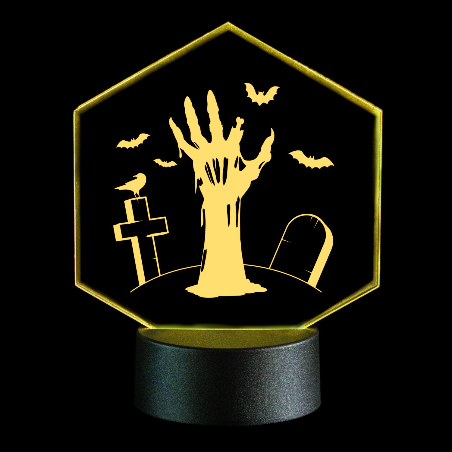 LED-Leuchte-Halloween-Hexagon-Zombiehand-Gelb-Freisteller-vor-Schwarz LED-Leuchte - Happy Halloween