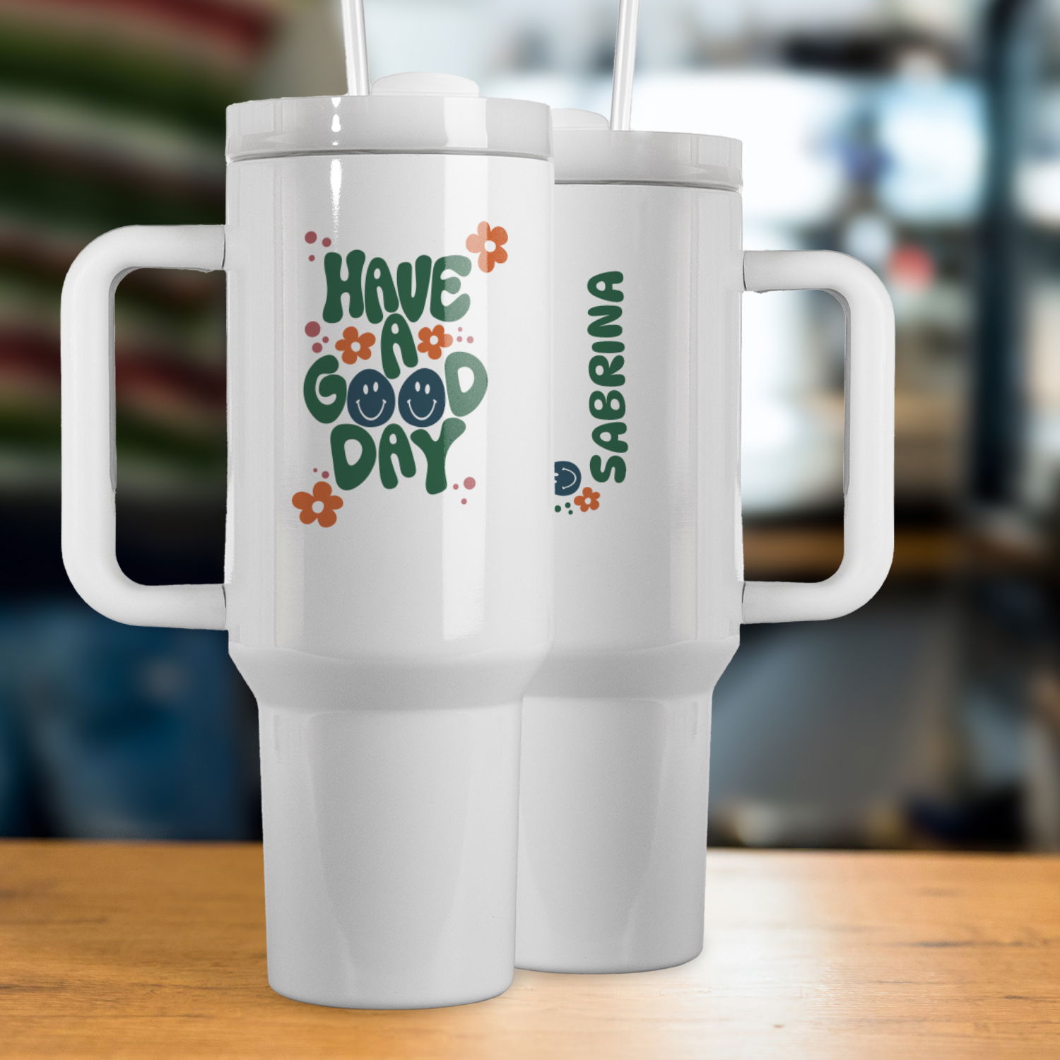 Thermo-Becher mit Griff und Wunschname