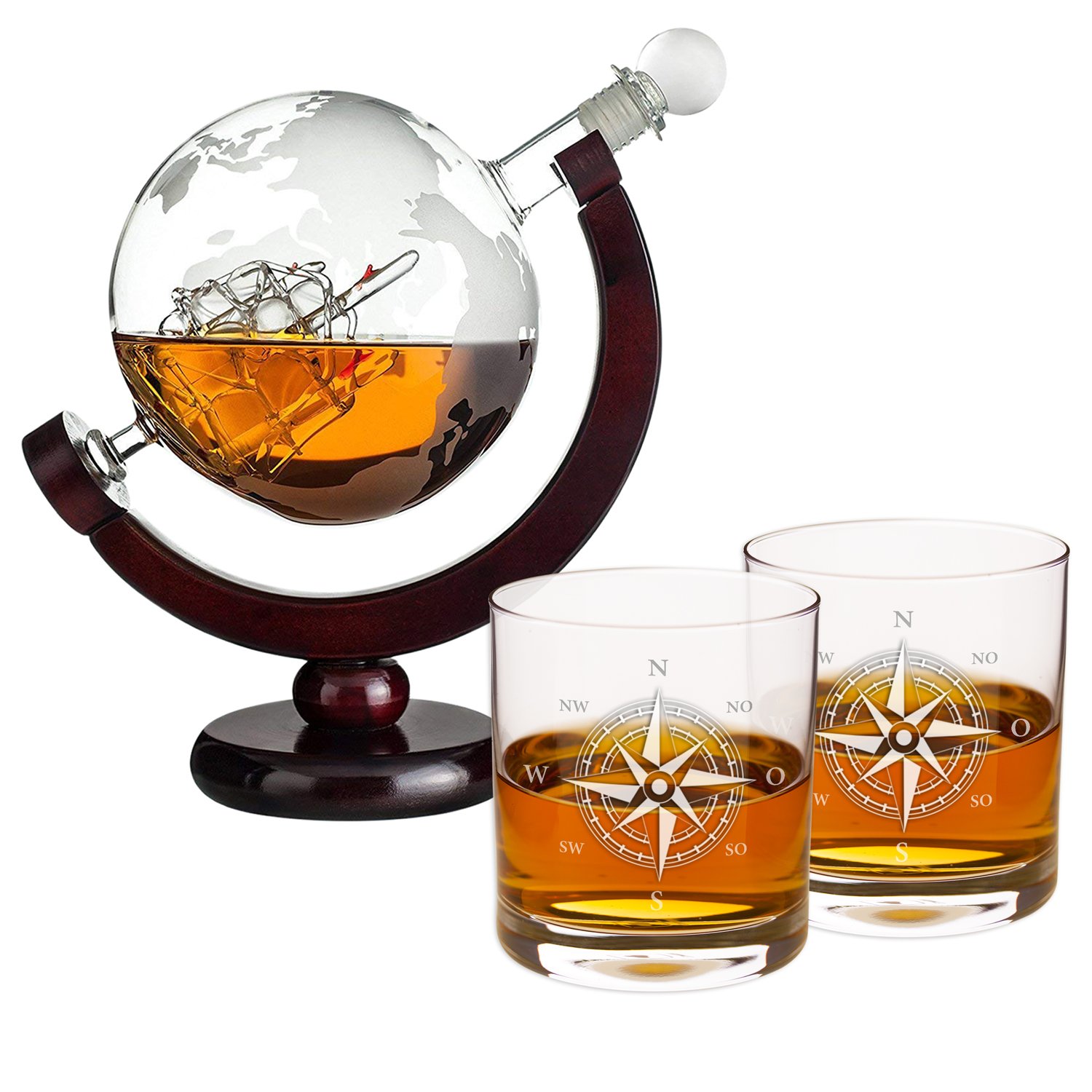 Glaskaraffe-Globus mit Whiskyglas Kompass Geschenkset