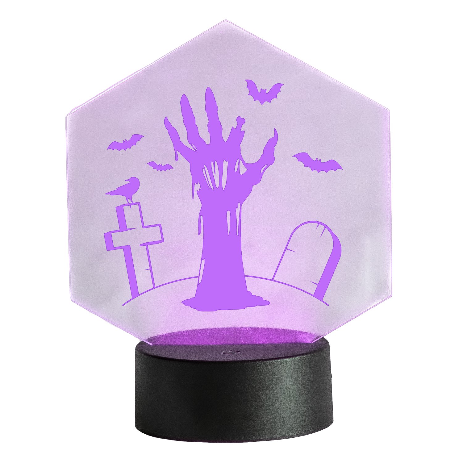 LED-Leuchte-Halloween-Hexagon-Zombiehand-Lila-Freisteller-vor-Weiss LED-Leuchte - Happy Halloween