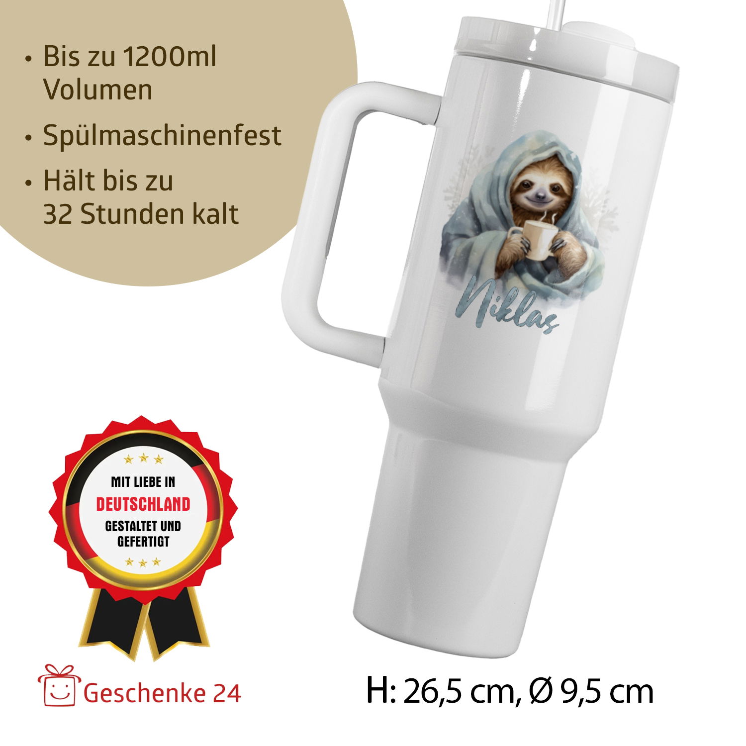 Thermo-Becher mit Griff und Wunschname