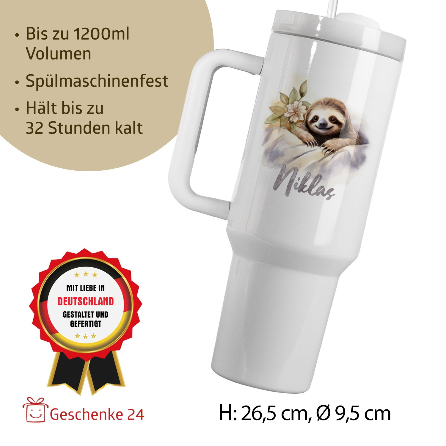 Thermo-Becher mit Griff und Wunschname