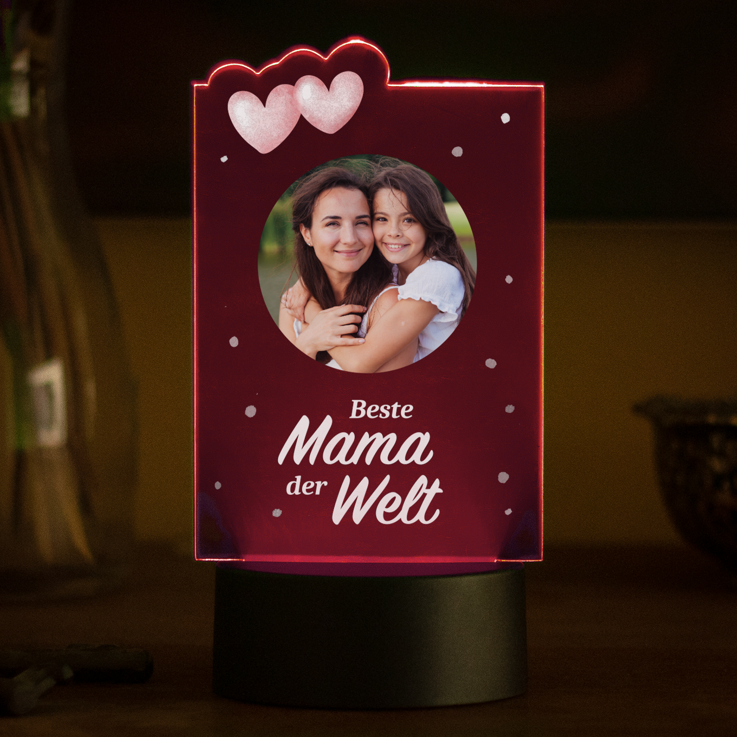 LED-Plexiglas-mit-Herzen-Beste-Mama-der-Welt-Moodbild-Sockel-dunkel-rot LED-Leuchte - Beste Mama mit Wunschfoto