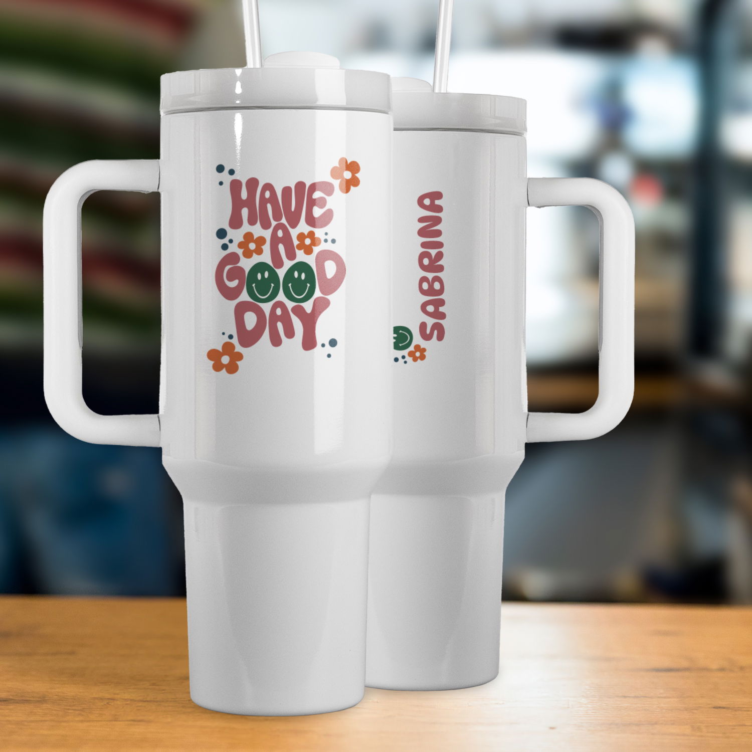 Thermo-Becher mit Griff und Wunschname