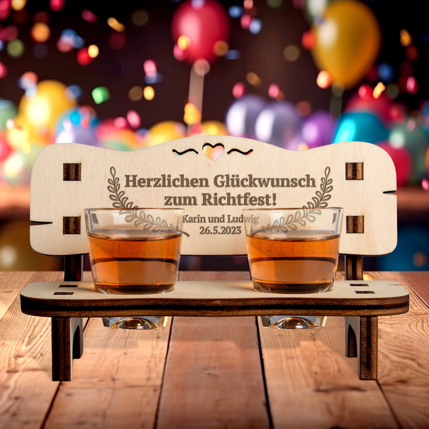 Schnapsbank zum Richtfest mit Personalisierung