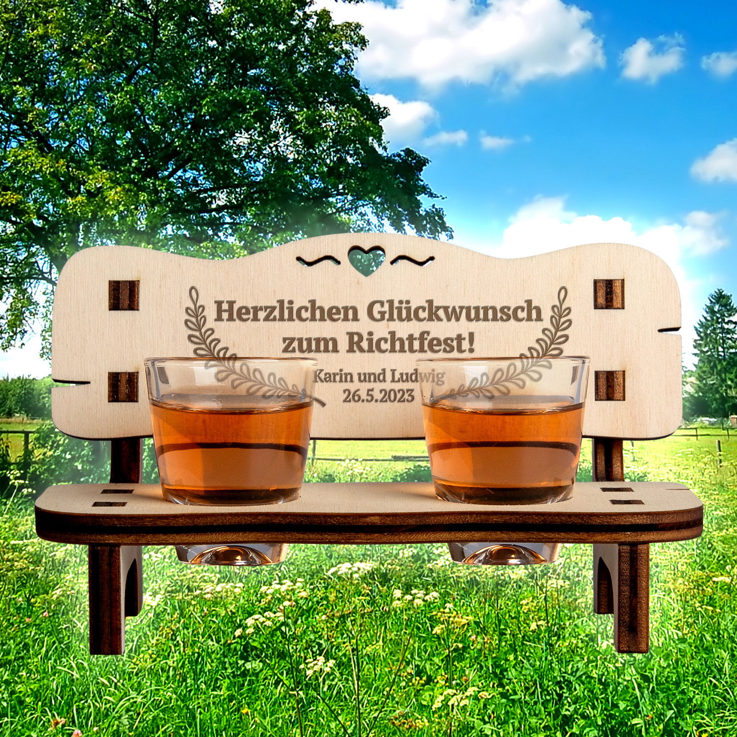 Schnapsbank zum Richtfest mit Personalisierung