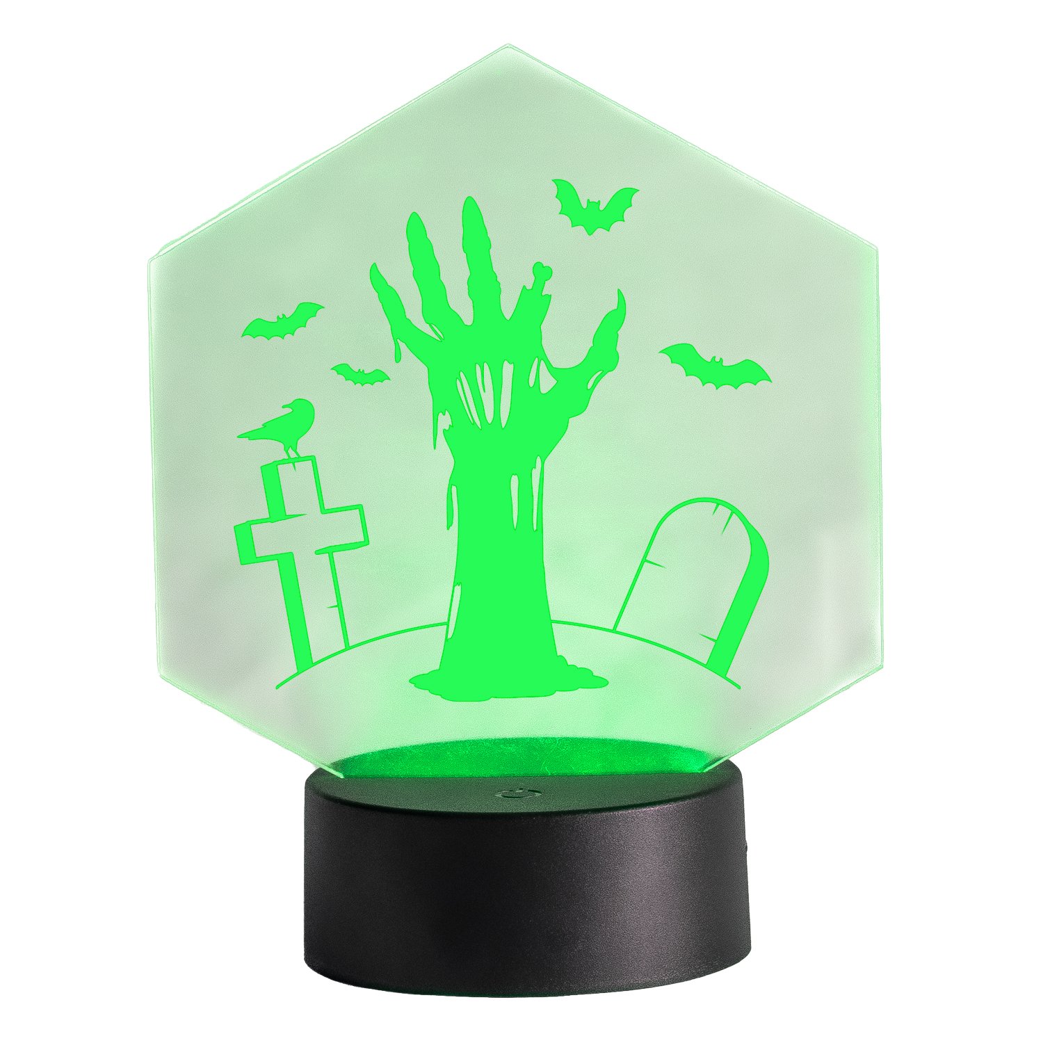 LED-Leuchte-Halloween-Hexagon-Zombiehand-Gru-en-Freisteller-vor-Weiss LED-Leuchte - Happy Halloween