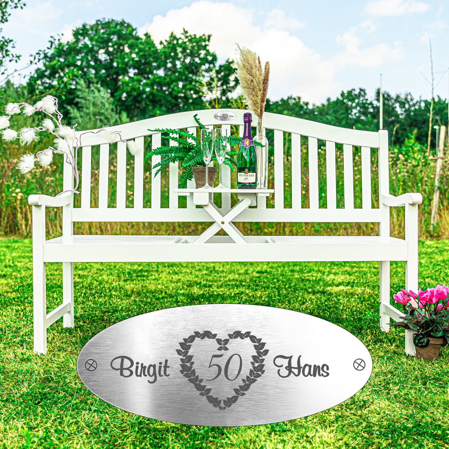 Gartenbank zum Hochzeitstag mit Personalisierung