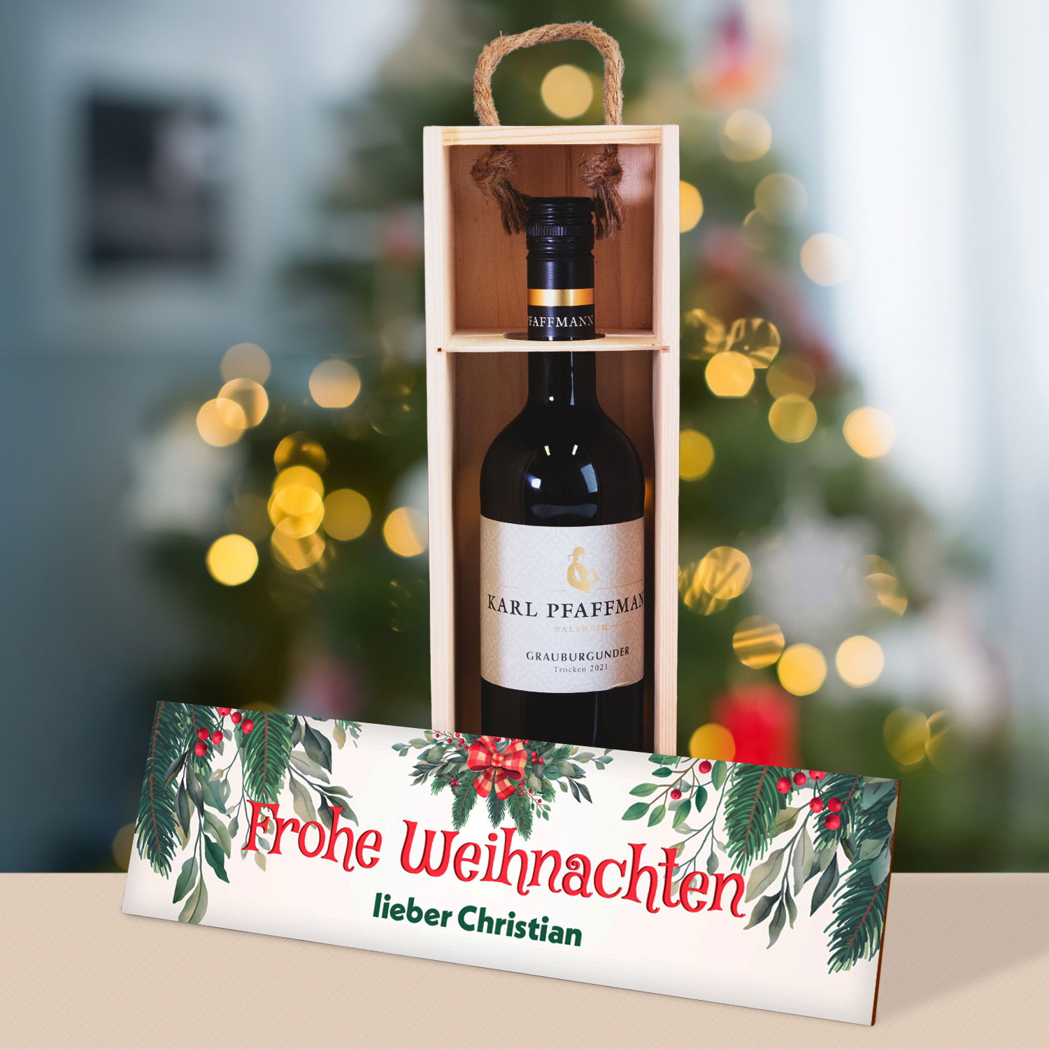Weihnachtliche Holzbox für Weinflaschen 
