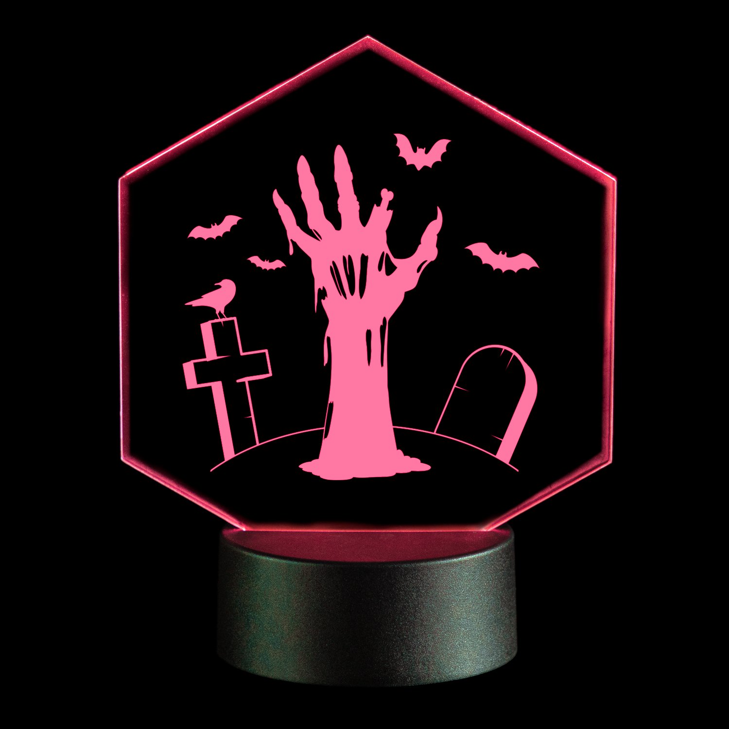 LED-Leuchte-Halloween-Hexagon-Zombiehand-Rot-Freisteller-vor-Schwarz LED-Leuchte - Happy Halloween