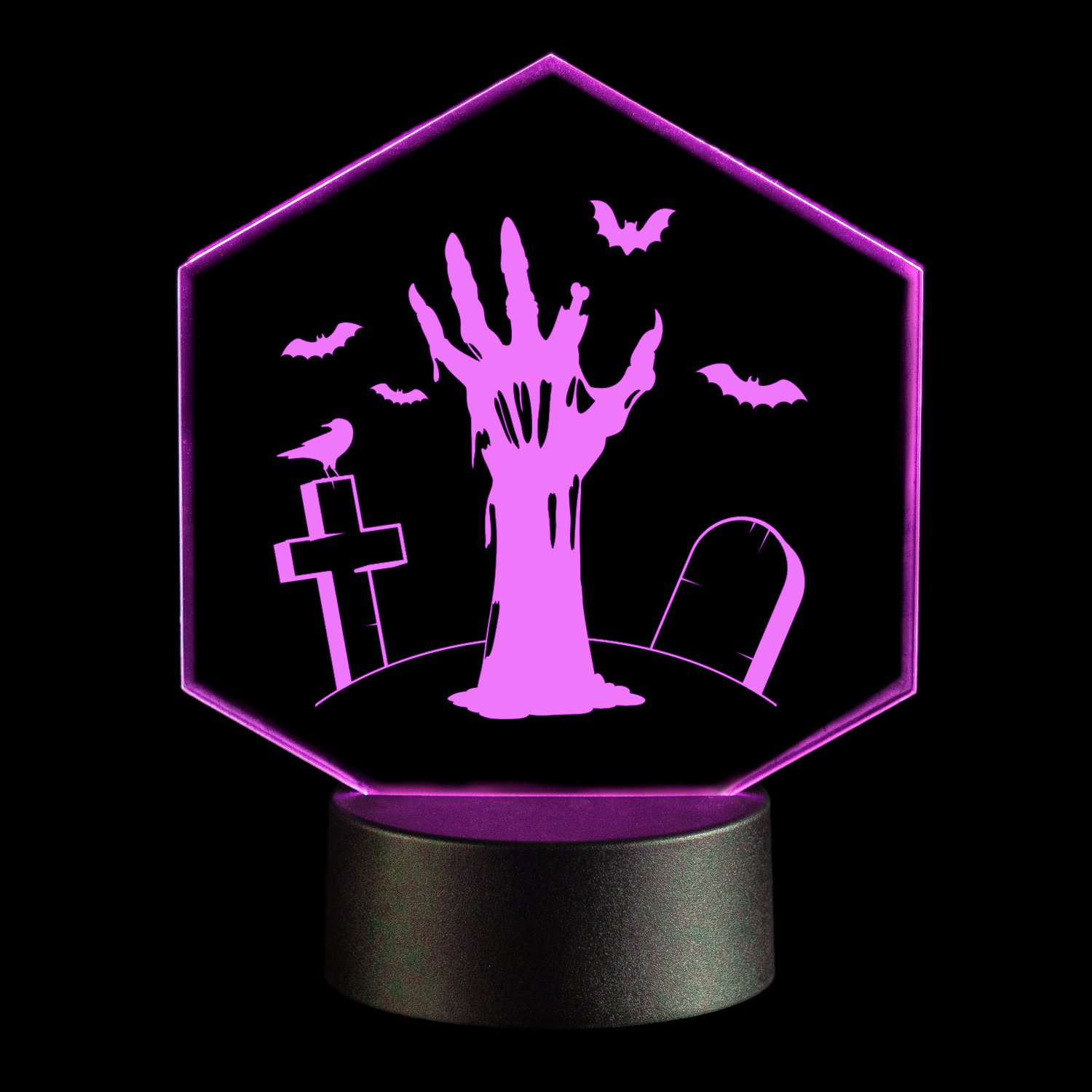 LED-Leuchte-Halloween-Hexagon-Zombiehand-Lila-Freisteller-vor-Schwarz LED-Leuchte - Happy Halloween
