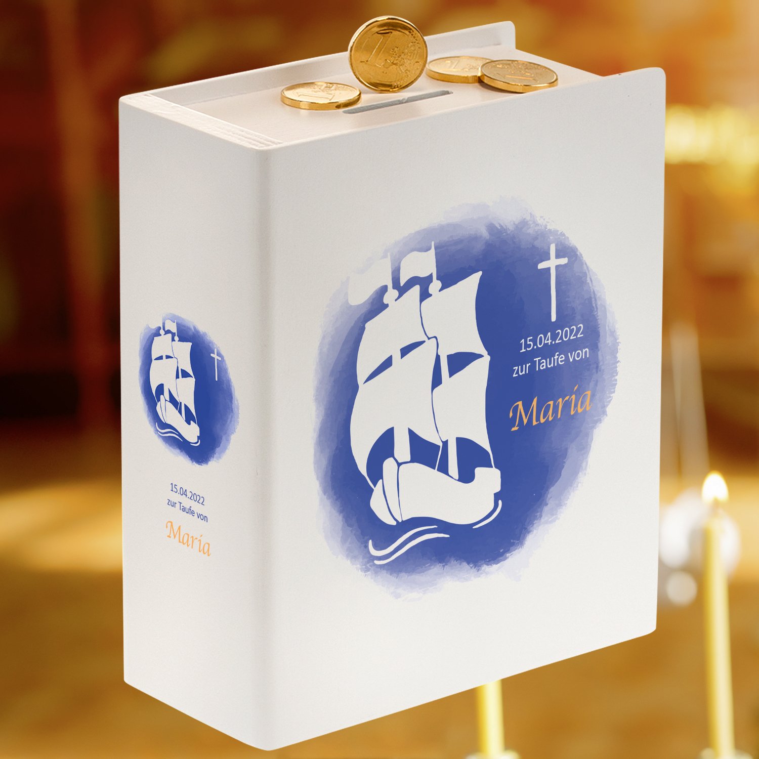 Sparbuch zur Taufe - Schiff mit Personalisierung