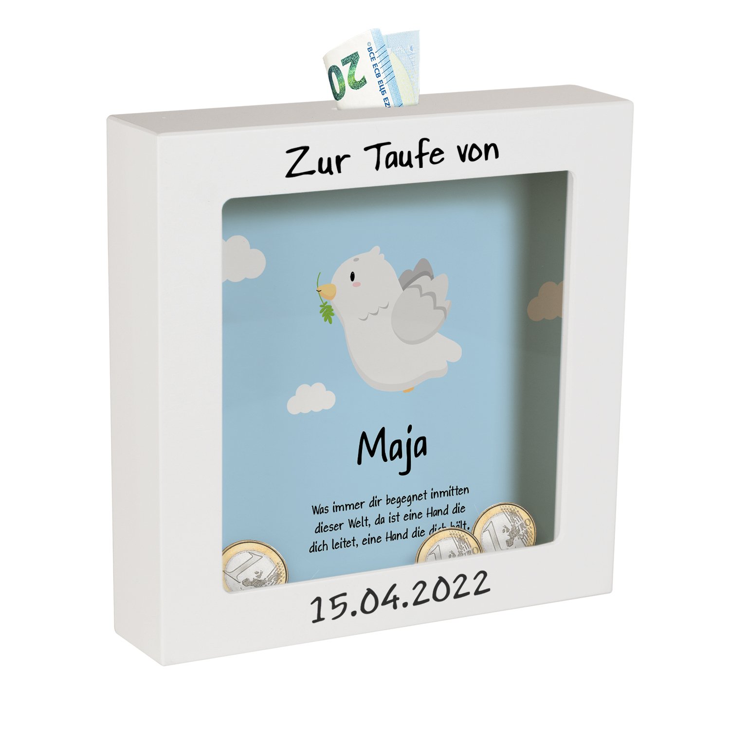 3D-Bilderrahmen zur Taufe - Taube mit Personalisierung