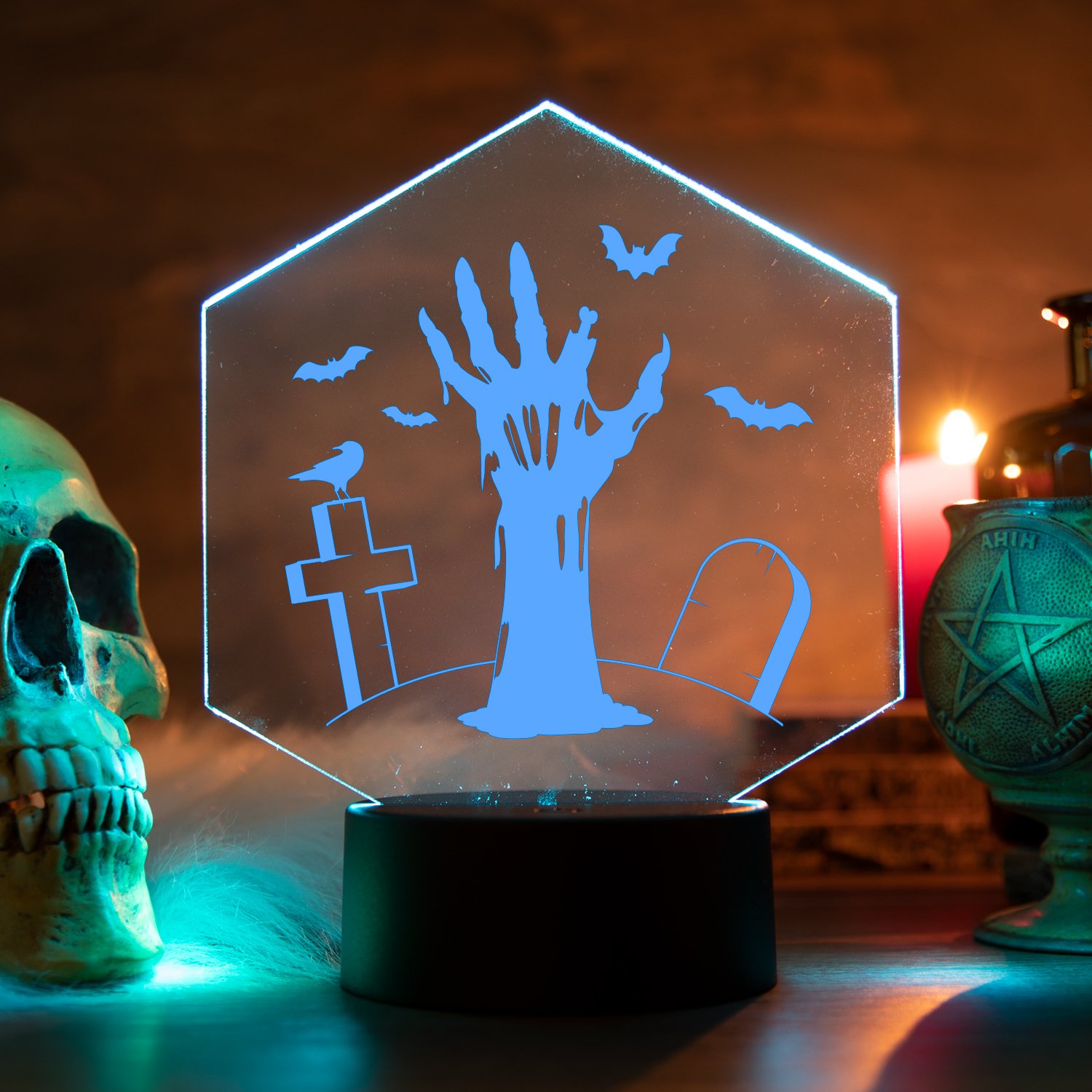 LED-Leuchte-Halloween-Hexagon-Zombiehand-Blau-Mood LED-Leuchte - Happy Halloween