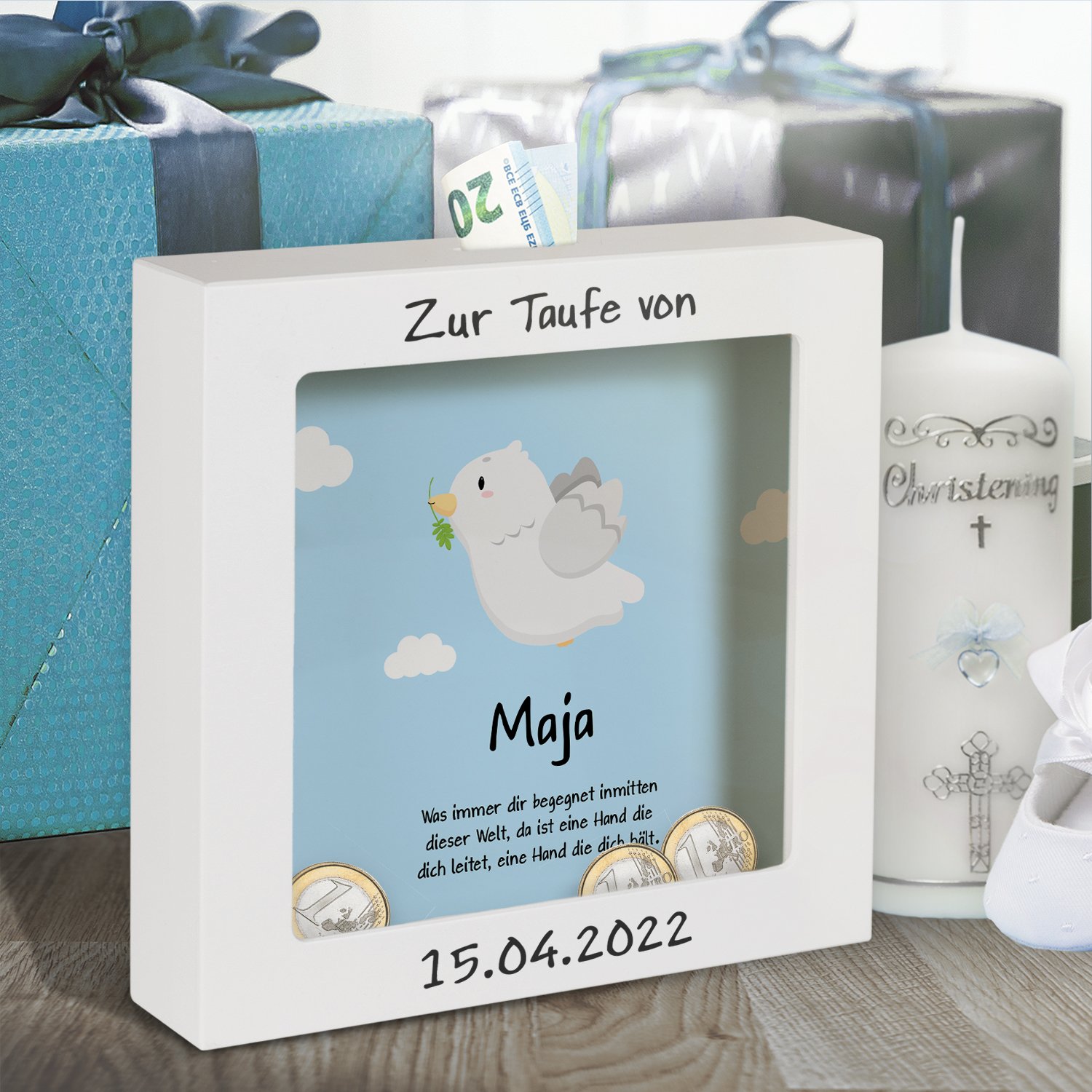 3D-Bilderrahmen zur Taufe - Taube mit Personalisierung