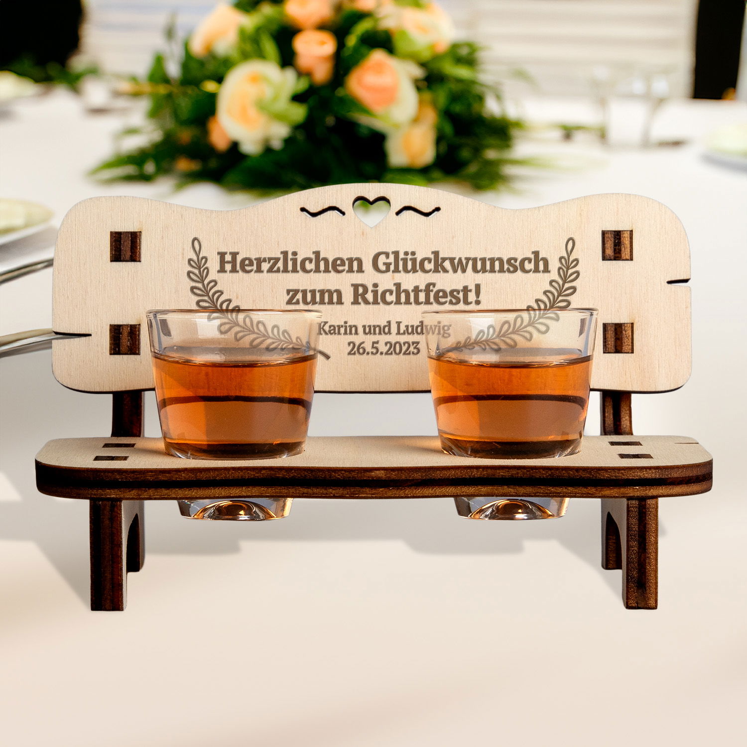 Schnapsbank zum Richtfest mit Personalisierung