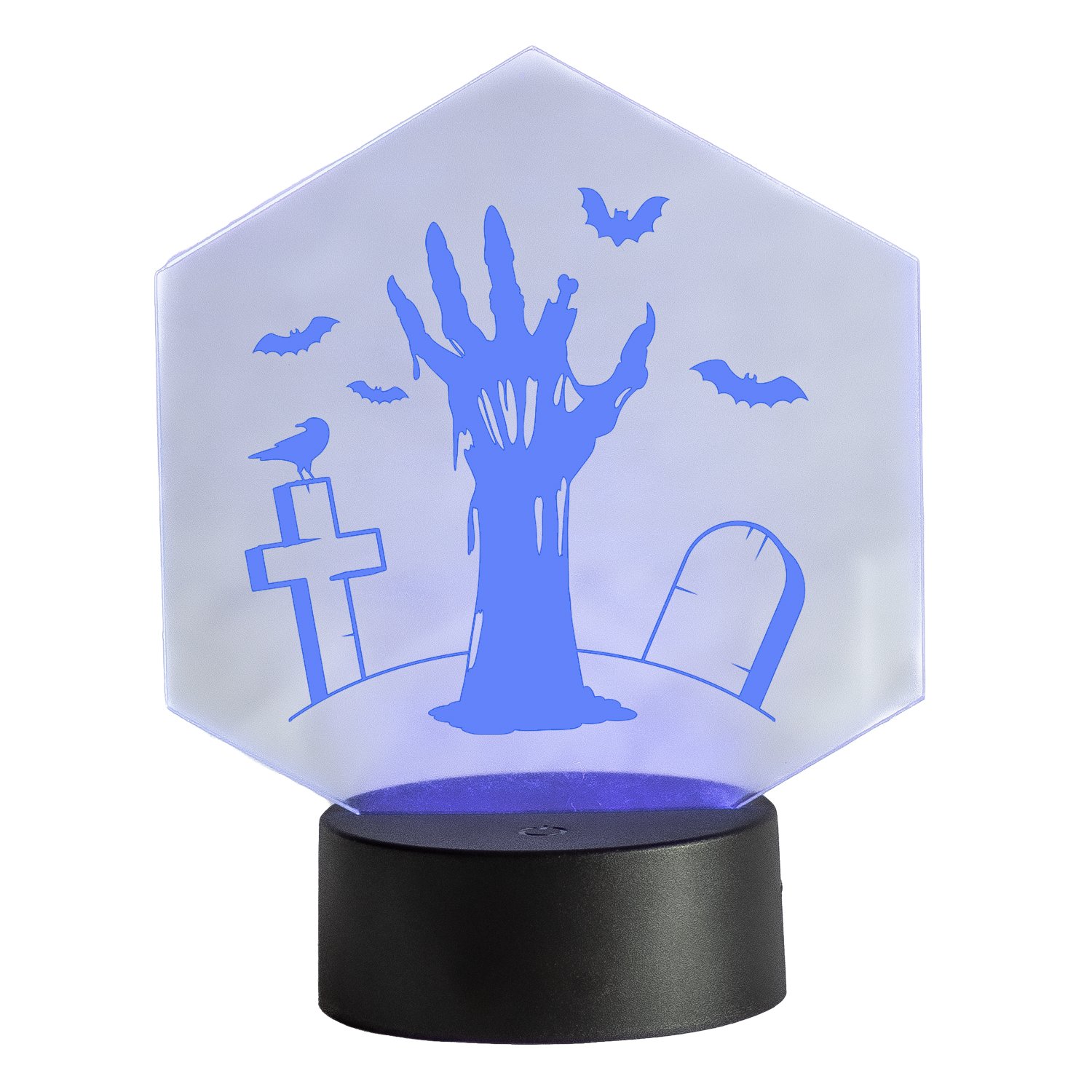 LED-Leuchte-Halloween-Hexagon-Zombiehand-Blau-Freisteller-vor-Weiss LED-Leuchte - Happy Halloween