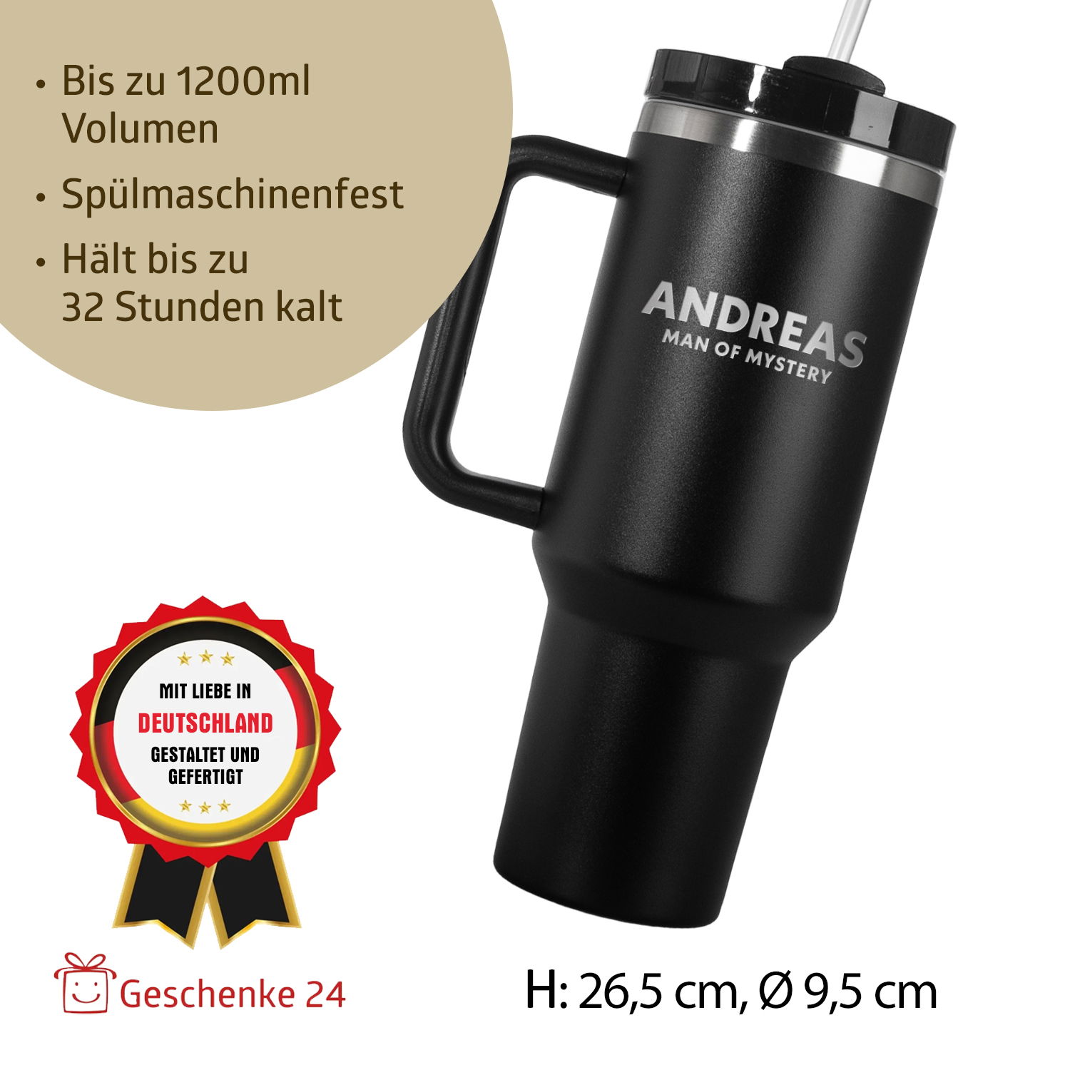 Thermo-Becher mit Griff und Deiner Gravur