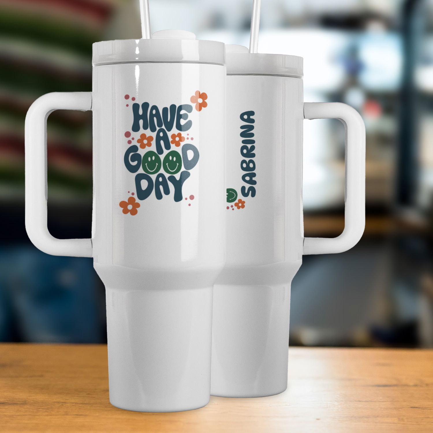 Thermo-Becher mit Griff und Wunschname