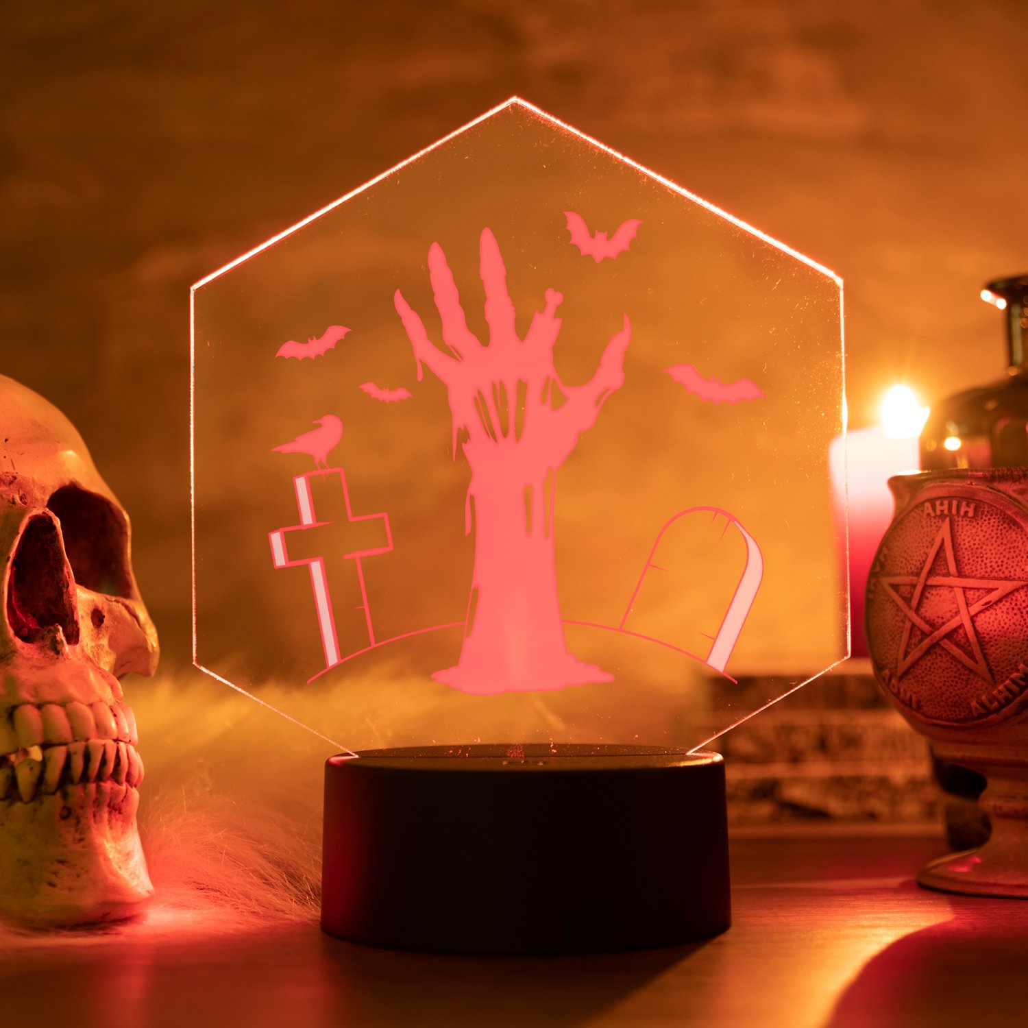 LED-Leuchte-Halloween-Hexagon-Zombiehand-Rot-Mood LED-Leuchte - Happy Halloween