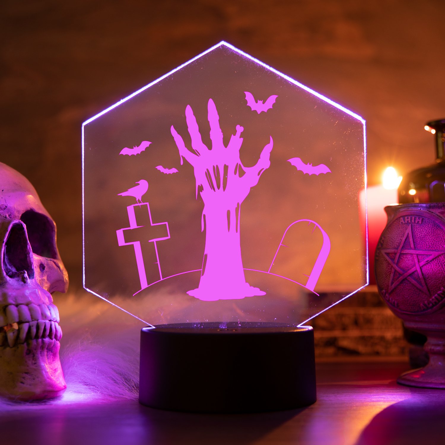 LED-Leuchte-Halloween-Hexagon-Zombiehand-Lila-Mood LED-Leuchte - Happy Halloween