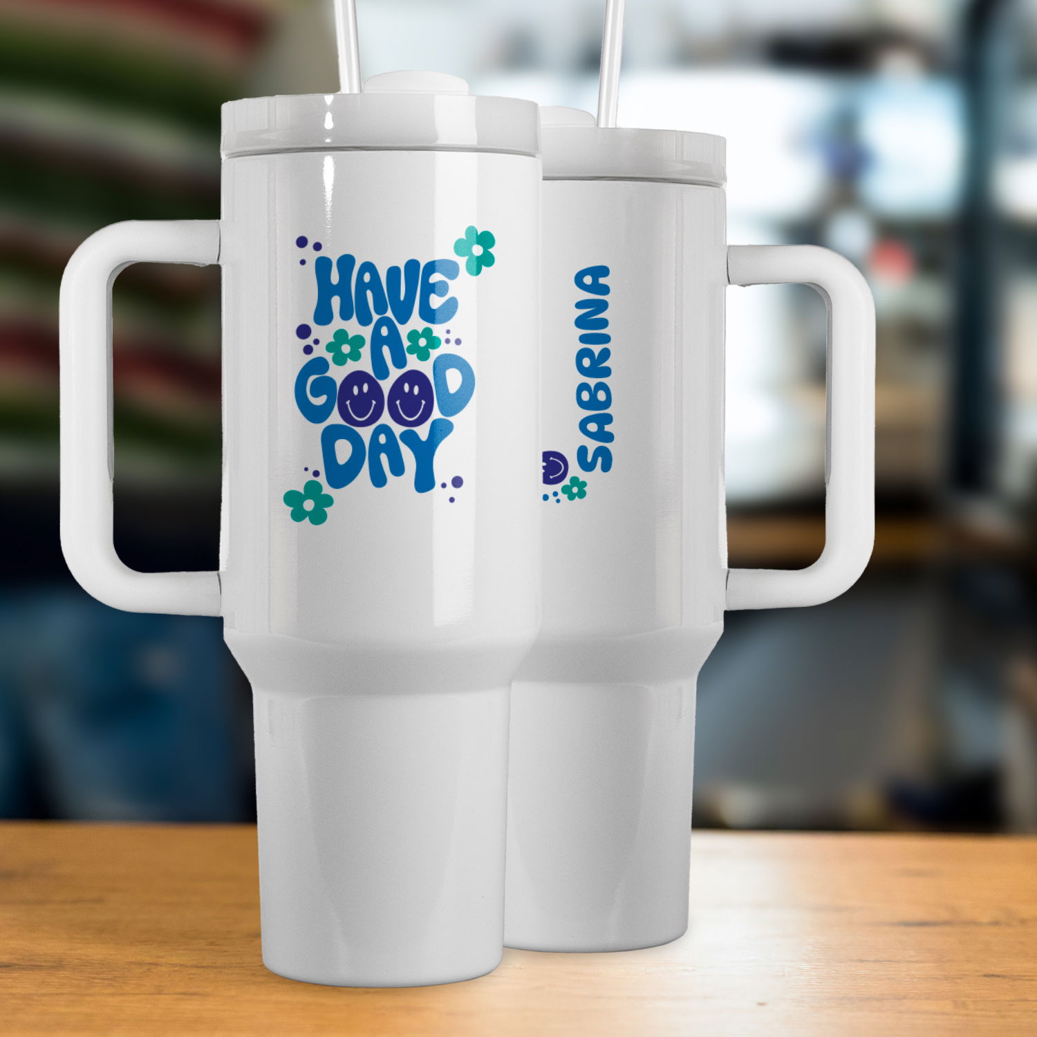 Thermo-Becher mit Griff und Wunschname