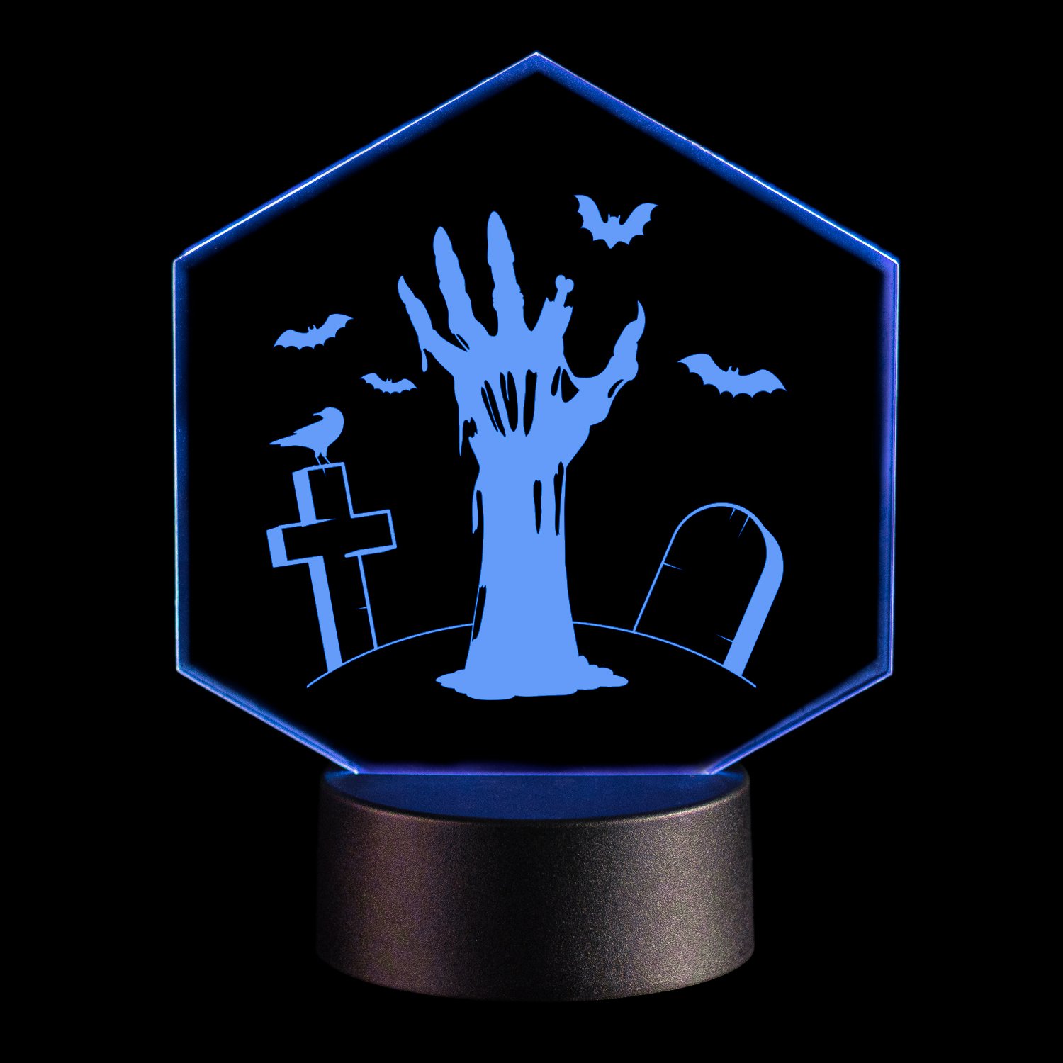 LED-Leuchte-Halloween-Hexagon-Zombiehand-Blau-Freisteller-vor-Schwarz LED-Leuchte - Happy Halloween