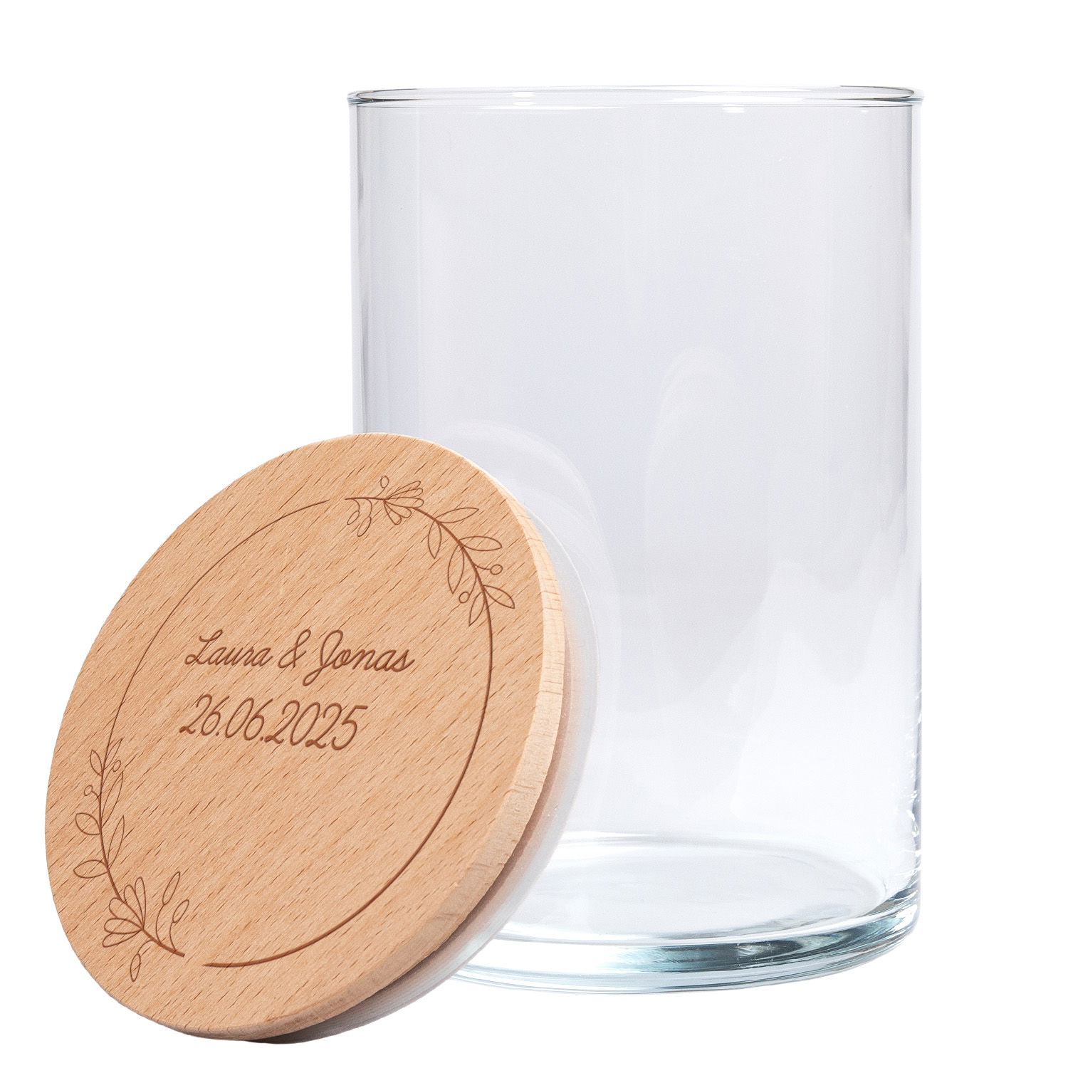 Personalisiertes Vorratsglas mit Holzdeckel zur Hochzeit
