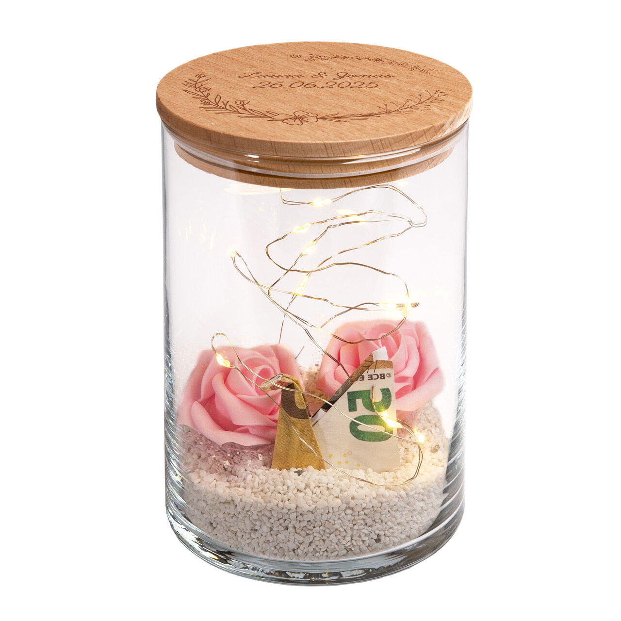 Personalisiertes Vorratsglas mit Holzdeckel zur Hochzeit Personalisiertes Vorratsglas mit Holzdeckel zur Hochzeit