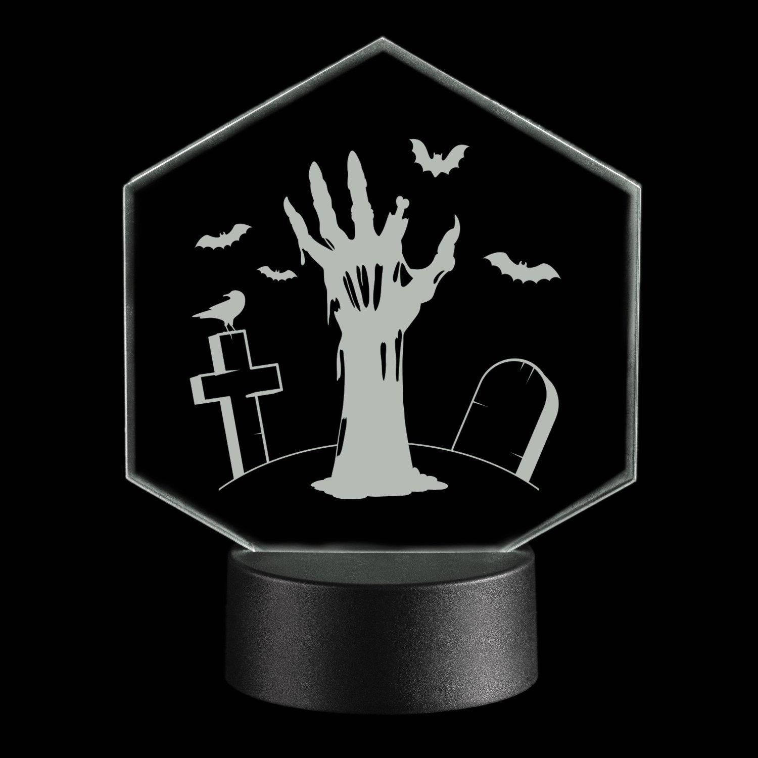LED-Leuchte-Halloween-Hexagon-Zombiehand-Weiss-Freisteller-vor-Schwarz LED-Leuchte - Happy Halloween