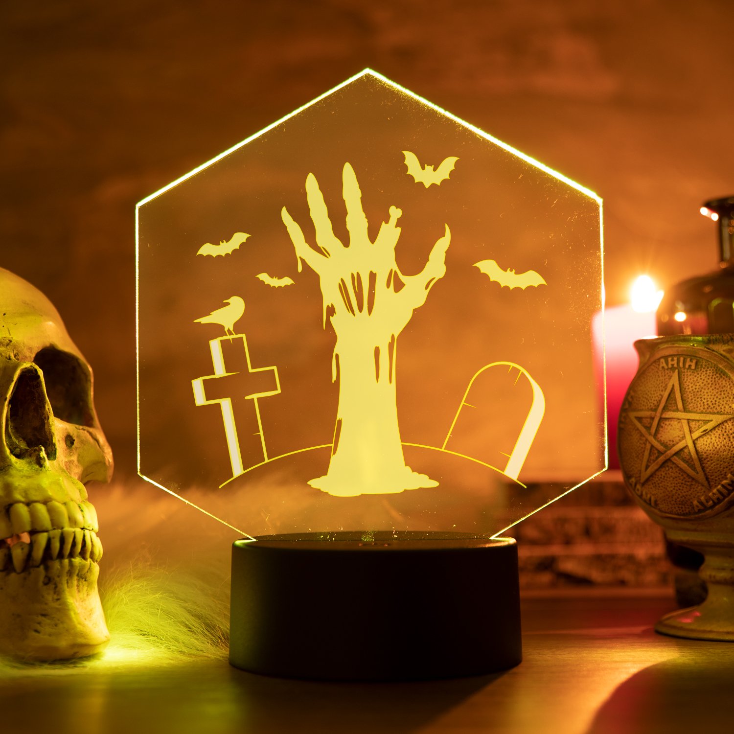 LED-Leuchte-Halloween-Hexagon-Zombiehand-Gelb-Mood LED-Leuchte - Happy Halloween