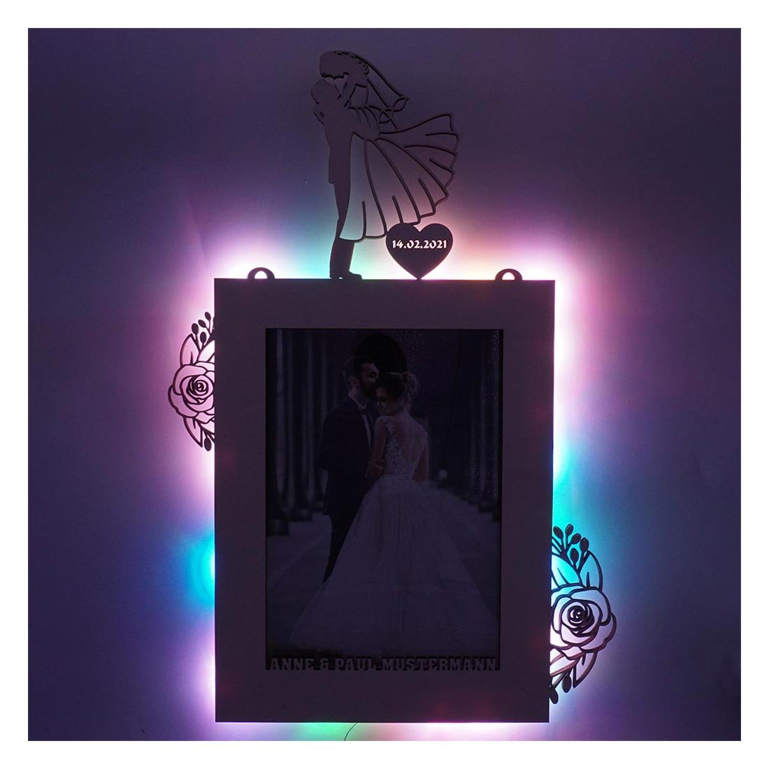 Goldene Hochzeit Geschenk Idee Brautpaar Herze beleuchtet mit LED Bilderrahmen