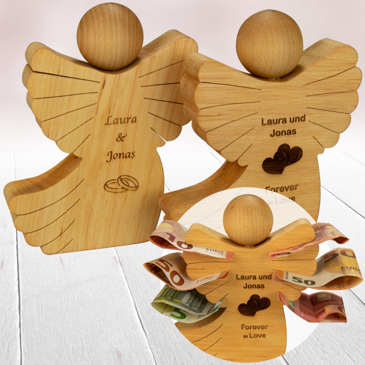 Gravierter Engel aus Holz als Hochzeitsgeschenk