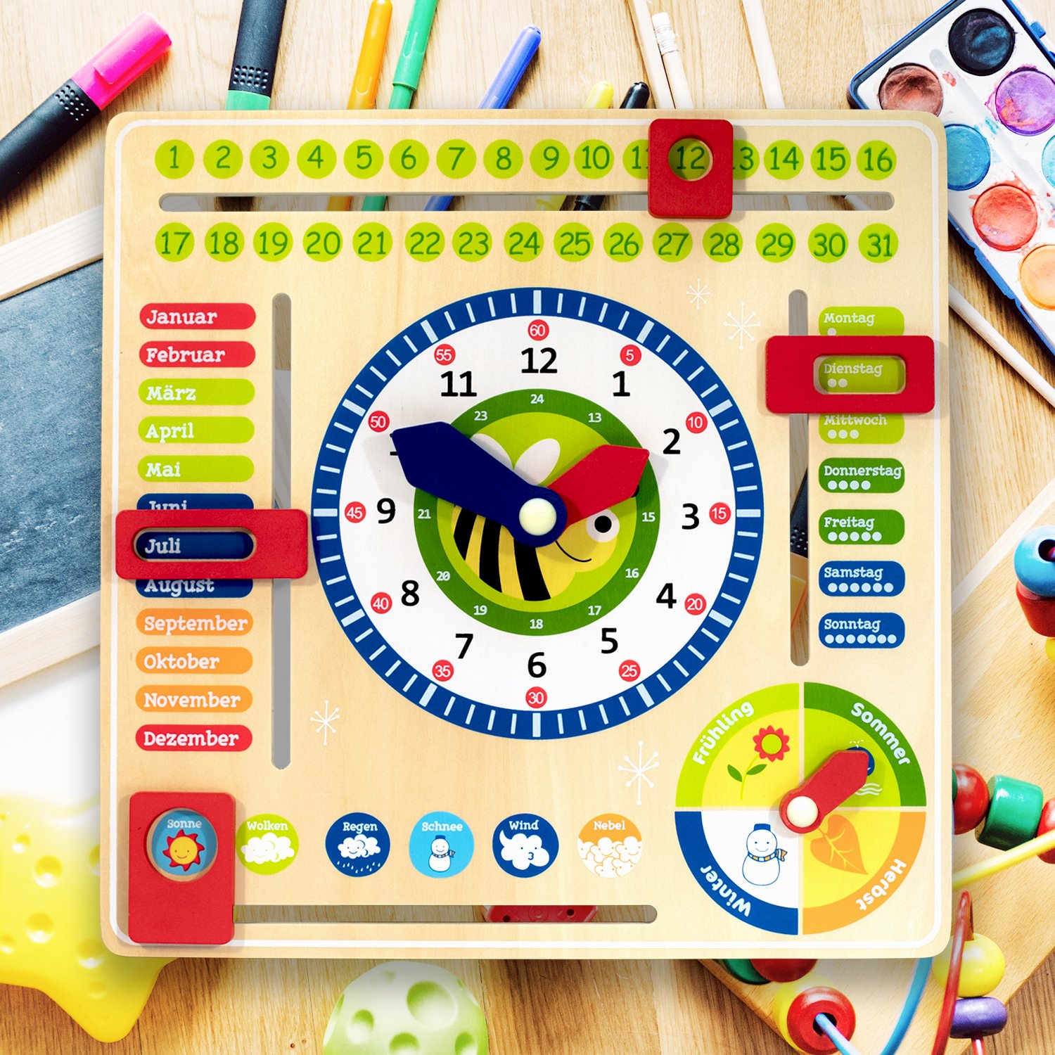 Kleiner Löwe LJSLYJ Lernuhr Holz Montessori Spielzeug Holzuhr mit Zahlen und Formen Frühes Pädagogisches Geschenk für Kinder