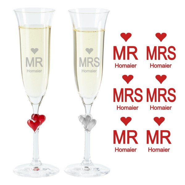 2er Set Sektglas Mr & Mrs mit silbernen Herzen Champagnerglas Sekt Glas Hochzeit 